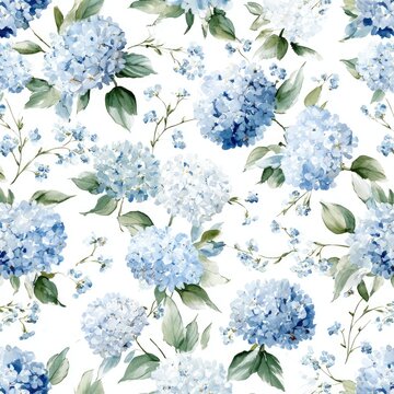 Watercolor floral pattern featuring light blue hydrangeas and delicate forget-me-nots on a white background, creating a serene and elegant design