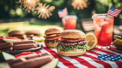 Patriotic picnic scene with burgers, hot dogs, drinks, and american flags on a striped tablecloth