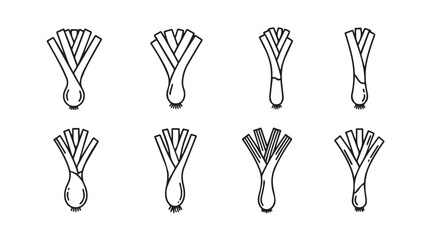 Collection of eight stylized leek vegetable silhouettes in black and white