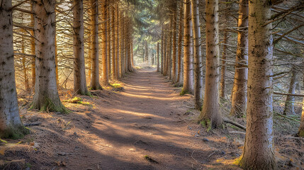 Obraz premium Sunlit Path Through Pine Forest