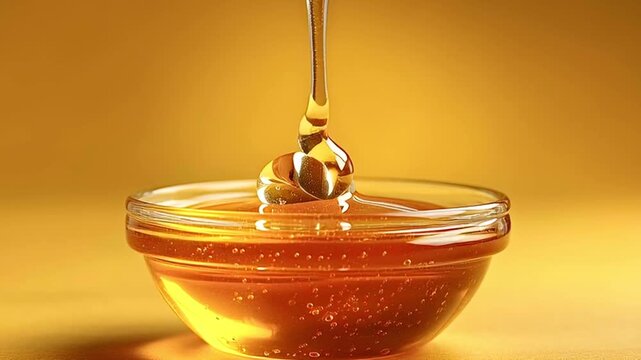 Honey is dripping from a wooden honey dipper into a glass bowl on a yellow background, creating a visually appealing sequence of honey's viscosity and golden color