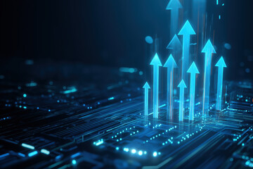Circuit board background with upward arrows and growth bars, holographic glow lines for business presentation style
