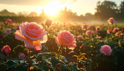 Golden Hour Roses: Dew-Kissed Blooms in a Sunrise Garden