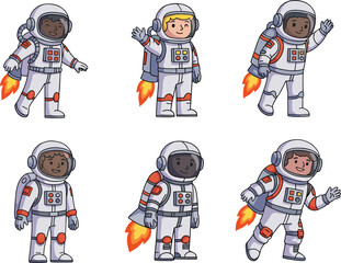 Diverse cartoon astronauts flying with jetpacks in space, playful vector illustration for kids, educational content, games, and science themes