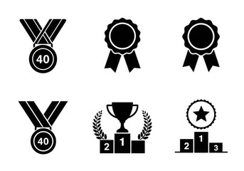 Collection of black silhouette award icons, including medals, rosettes, a trophy, and winner podiums, representing success and achievement.