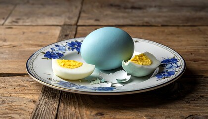 Light-blue egg halves on a decorative plate on a wooden table