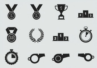 Black and white icons of sports awards and equipment on a gray background.