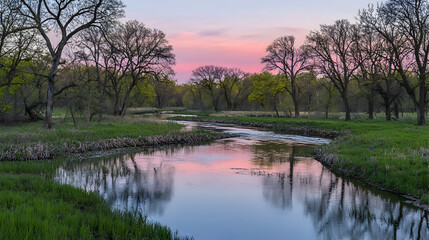 Pink Sunset Reflects On Calm River Through Trees