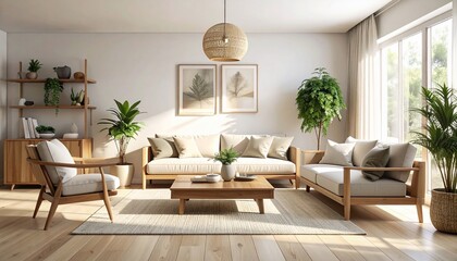 Modern Minimalist Living Room Interior Design with Natural Light and Wooden Furniture