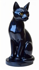 Glossy Black Cat Statue with Yellow Eyes on White Background for Decoration and Collection