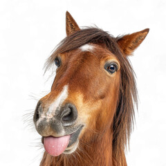 Obraz premium Funny animal photography - Close-up of a cheeky brown horse sticking out its tongue, isolated on white or transparent background png