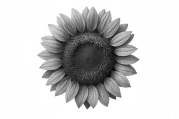 Monochrome sunflower presenting delicate petal structure and detailed center against transparent backdrop
