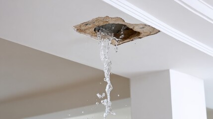 Water is actively pouring from a significant hole in a white ceiling, indicating a severe water leak and structural damage from above.