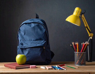 Illustration of a school backpack with various school supplies such as notebooks, pencils, ruler, and scissors, colorful and playful design suitable for back-to-school themes and educational materials