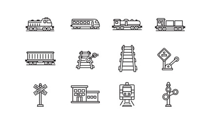Collection of train and railway icons in a distinctive silhouette style