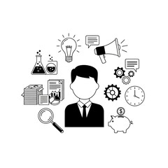 Business concept illustration with man, ideas, finance, and strategy