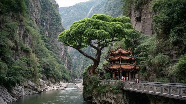 A tranquil Asian temple nestled within a lush mountain valley, framed by a large, overhanging tree.