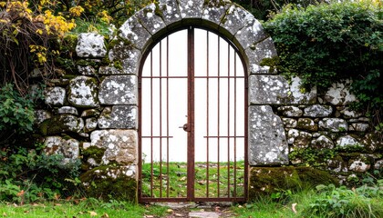 Fototapeta premium Old Stone Archway Gate Surrounded by Green Foliage and Natural Stone Wall in Garden Setting