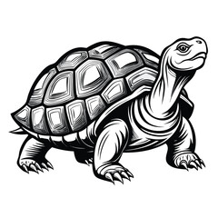 Detailed Vector Illustration of a Turtle with Intricate Shell Markings and Strong Leg Muscles in a Bold Black and White Style