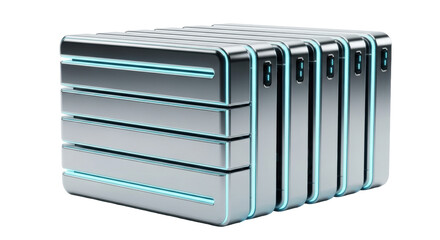 Twelve advanced data modules, polished chrome, glowing cyan light strips, precise arrangement on minimalist white background, concept of technological sophistication