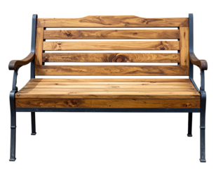 Empty wooden park bench with dark metal frame