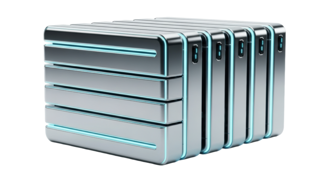 Twelve advanced data modules, polished chrome, glowing cyan light strips, precise arrangement on minimalist white background, concept of technological sophistication