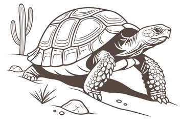 Monochrome Illustration of a Desert Tortoise Strolling Through a Desert Landscape with a Cactus in the Background