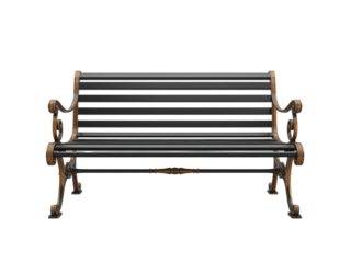Elegant wrought iron bench with ornate golden accents against transparent canvas