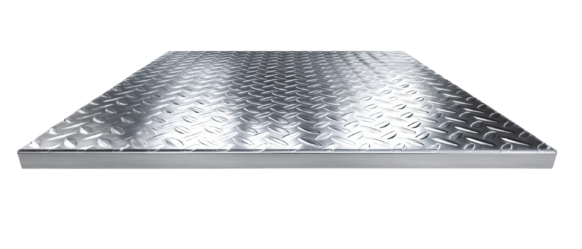 Elevated perspective of textured metallic platform against an isolated transparent background for - Powered by Adobe
