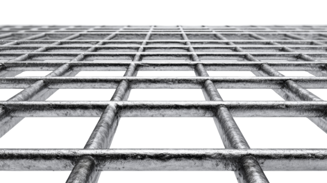 Metallic lattice structure with a monochromatic aesthetic on a transparent backdrop