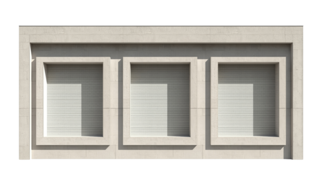 Modern concrete facade featuring symmetrical windows with roller shutters creating a sense of
