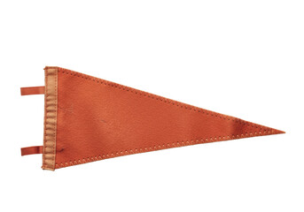 A single worn terracotta orange felt pennant, sun-faded, hand-stitched, with curled tip, isolated on a transparent background, soft shadows, concept of vintage sports and school nostalgia.
