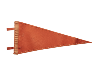 A single worn terracotta orange felt pennant, sun-faded, hand-stitched, with curled tip, isolated on a transparent background, soft shadows, concept of vintage sports and school nostalgia.