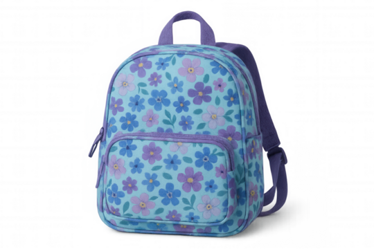 Stylish small backpack featuring vibrant floral print, shot in studio setting against transparent background for versatile design use