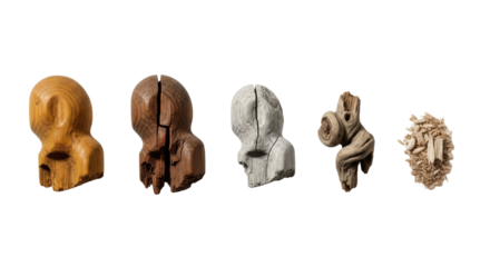 Macro of five ancient wooden fragments: vibrant ochre to bleached grey, then splinters and dust, on a transparent studio background with copy space, contemplative concept of natural decay