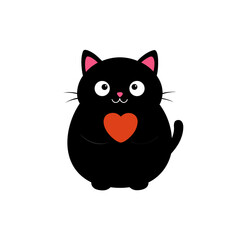Black cat holding a red heart illustration on transparent background