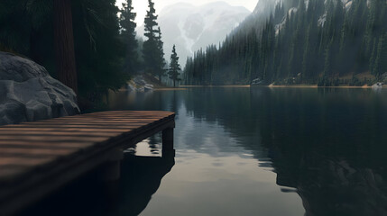 Wooden Dock On Calm Mountain Lake In Forest