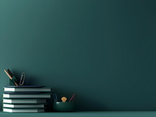 Teal Green Workspace With Books And Stationary