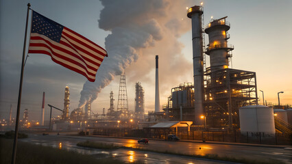 Majestic American flag in front of active industrial plant at dusk