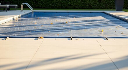 Obraz premium Residential swimming pool with a protective cover on a sunny backyard patio.