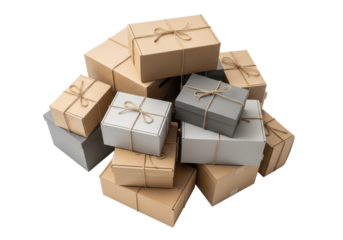 Diverse recycled cardboard moving boxes, tied with jute twine, stacked disarrayed on a transparent studio background with copy space, concept of practical storage and transient relocation