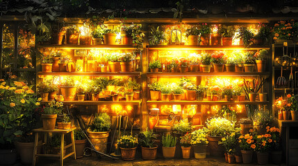 Warm Glowing Plant Display At Night