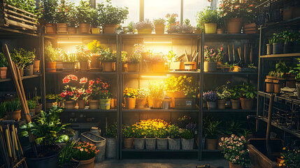 Sunlight Drenched Greenhouse Display Of Potted Plants