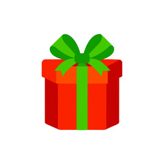 A red gift box with a green ribbon and bow on transparent background