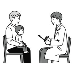 Pediatric healthcare concept showing a male doctor providing a medical consultation to a father holding his young child in a clinic
