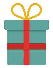 Teal gift box with red ribbon and yellow bow present