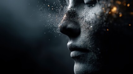 Dramatic side profile of human face dissolving into abstract shapes