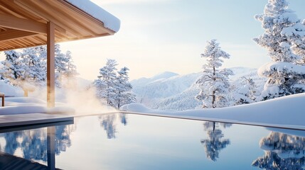 A cozy winter mountain cabin surrounded by a snowy forest with a tranquil reflecting pool that mirrors the serene landscape