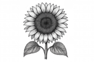 Pencil-drawn sunflower with delicate petals, intricate stem, and realistic leaf details, rendered against transparent background