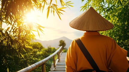 A serene and winding bamboo walkway leading through a verdant and lush tropical forest offering a peaceful journey of explo n and discovery